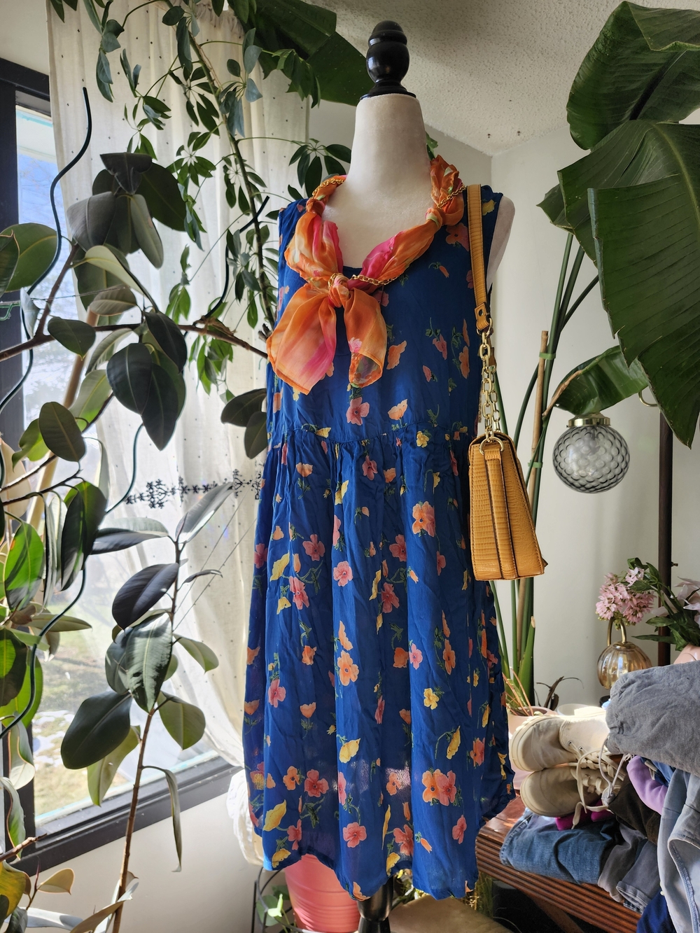 90s Blue Floral Rayon Midi Dress Vintage